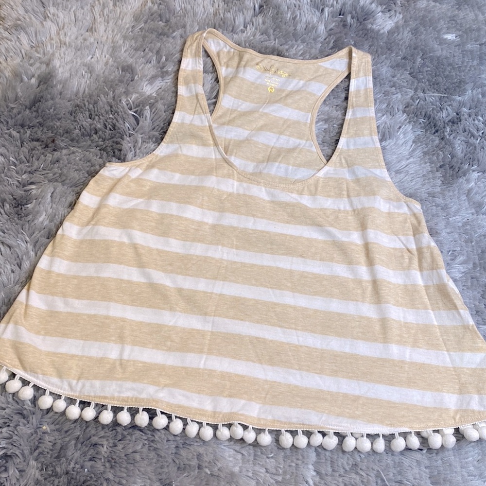 Lilly Pulitzer Tan White Striped Pom Pom Racer Back Tank Top Size Medium